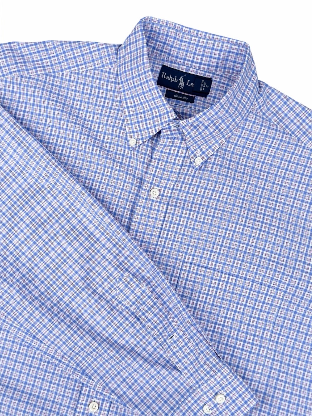 Ralph Lauren Men’s 16.5 L Classic Fit Dress Shirt Blue Tattersall Check Button D